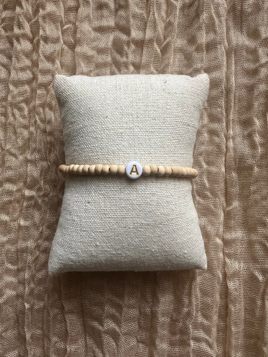 Custom Minimalist Initial Bracelet | Natural Wood Bead | Gold Letter w/ White Background