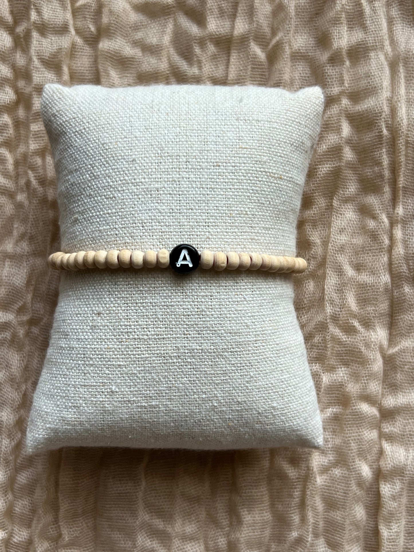 Custom Minimalist Initial Bracelet | Natural Wood Bead | White Letter w/ Black Background