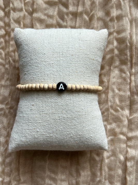 Custom Minimalist Initial Bracelet | Natural Wood Bead | White Letter w/ Black Background