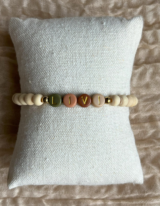 Custom Natural Wood Bracelet | Gold Letter w/ Multicolor Background