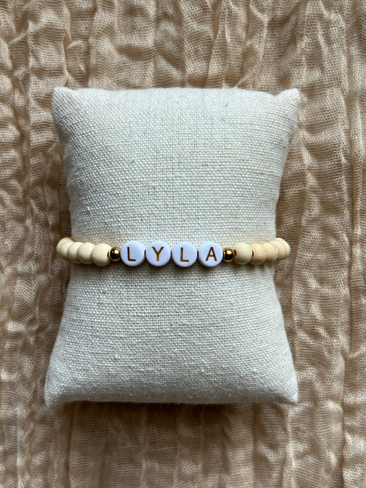 Custom Natural Wood Bracelet | Gold Letter w/ White Background