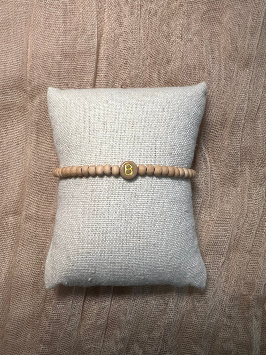 Custom Minimalist Initial Bracelet | Natural Wood Bead | Gold Letter w/ Multicolor Background