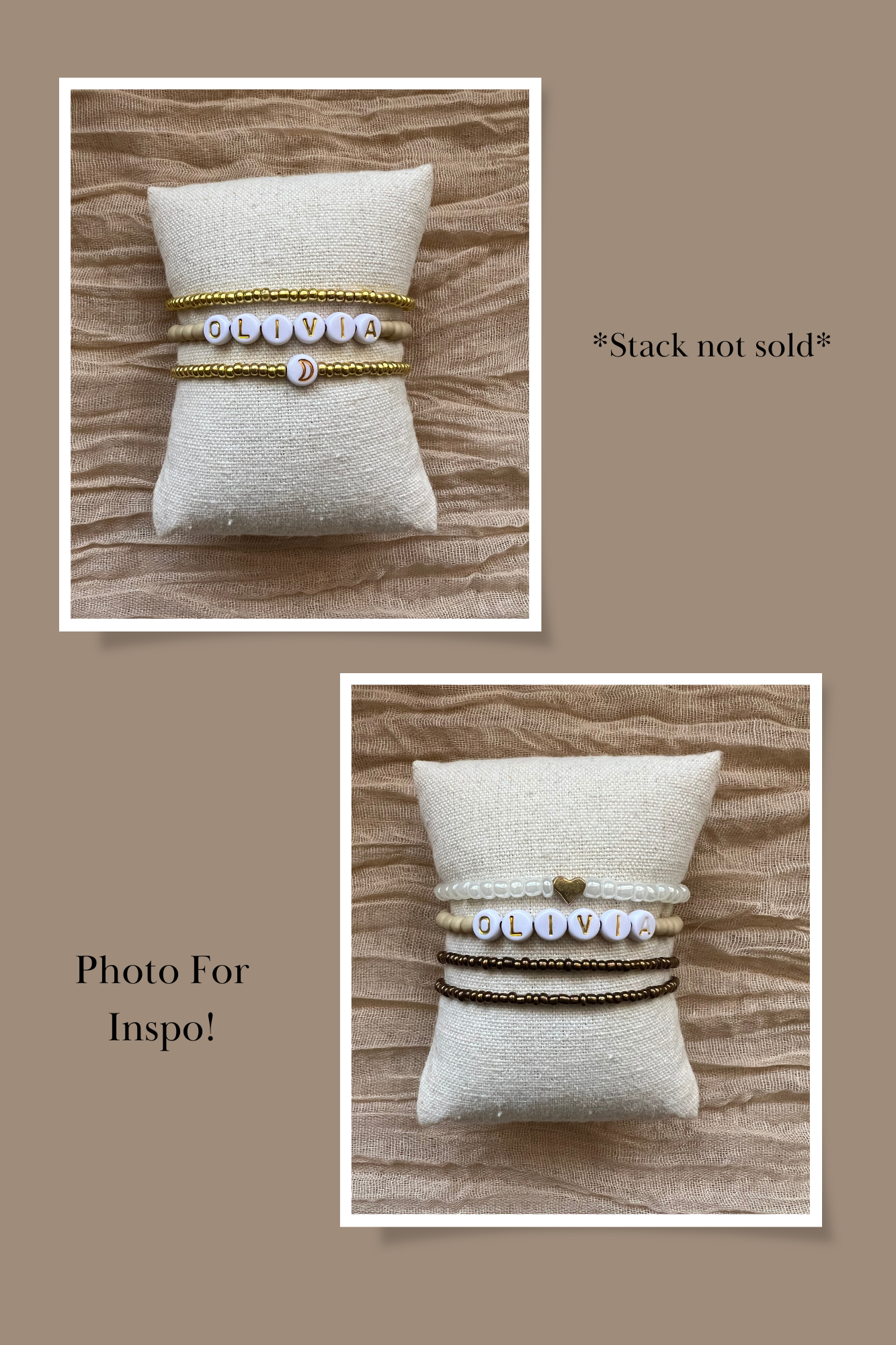 Custom Minimalist Bracelet | Glass Seed Bead | Matte Neutral | Gold Letter w/White Background