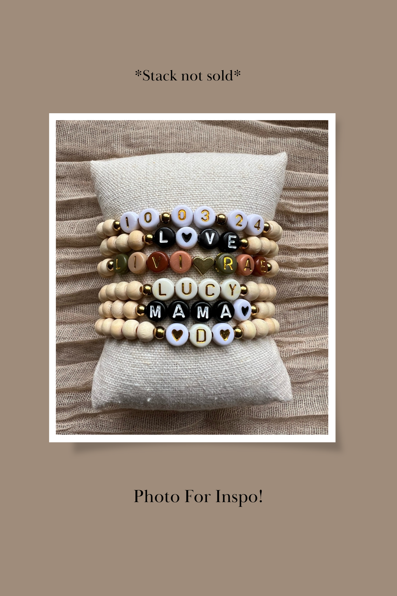 Custom Natural Wood Bracelet | Gold Letter w/ White Background